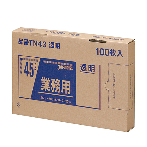 ゴミ袋 メタロセン配合ポリ袋シリーズ TN43 透明 45L 100枚箱入×6箱/ケース