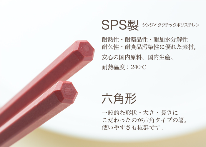 SPS製リユース箸 洗い箸 六角 朱 23cm